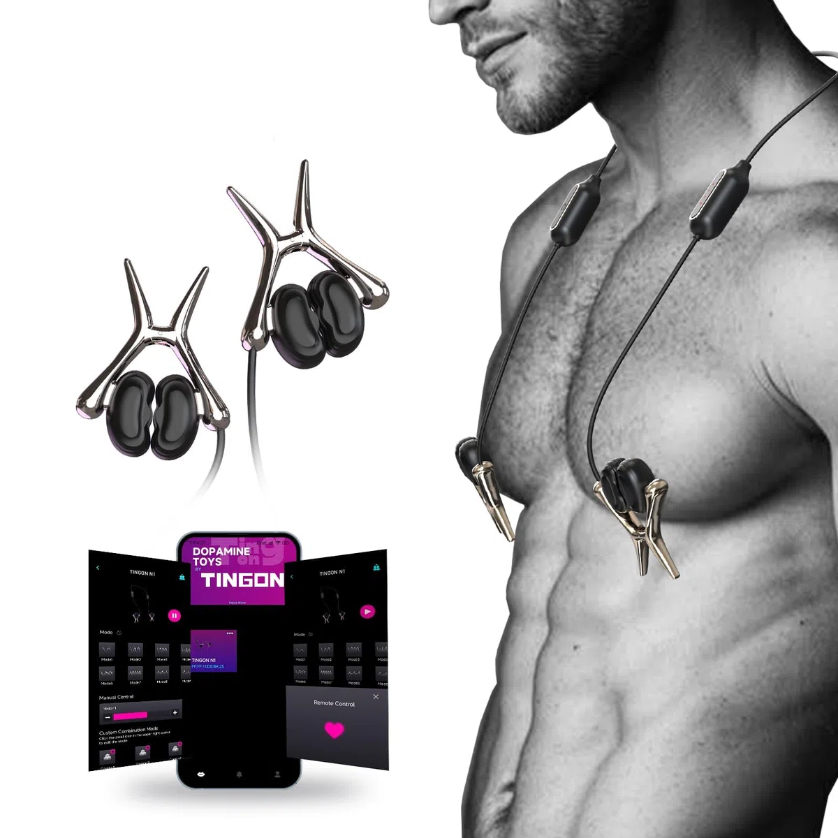 TINGON Pinza per capezzoli per uomini e donne, sex toy dal design a auricolare nascosto con controllo remoto tramite app, set di vibratori BDSM a 12 modalità per la stimolazione di capezzoli, lobi del