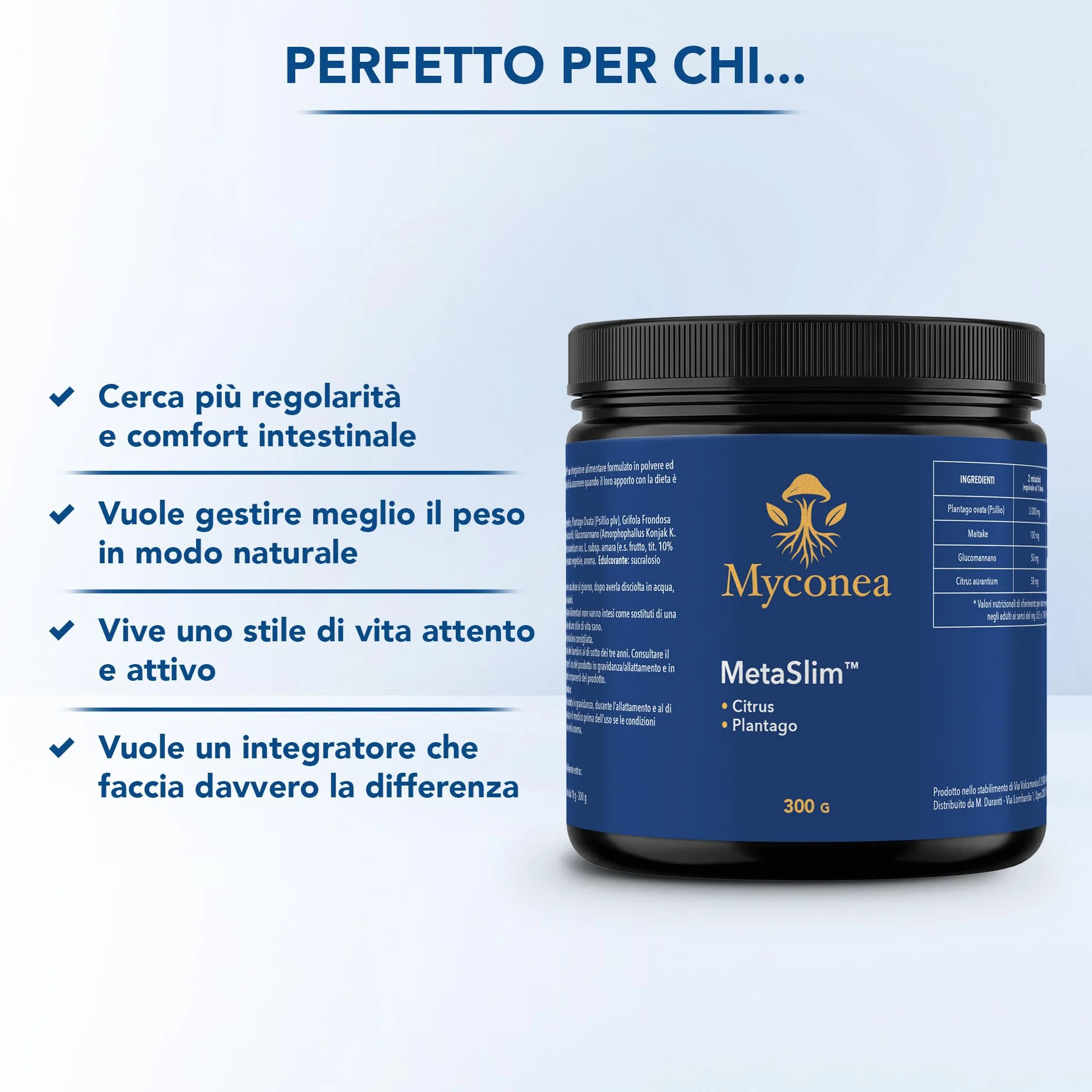 MetaSlim Glucomannano e Psillio in Polvere Integratore Fibre Senso di Sazietà Equilibrio Peso 300g