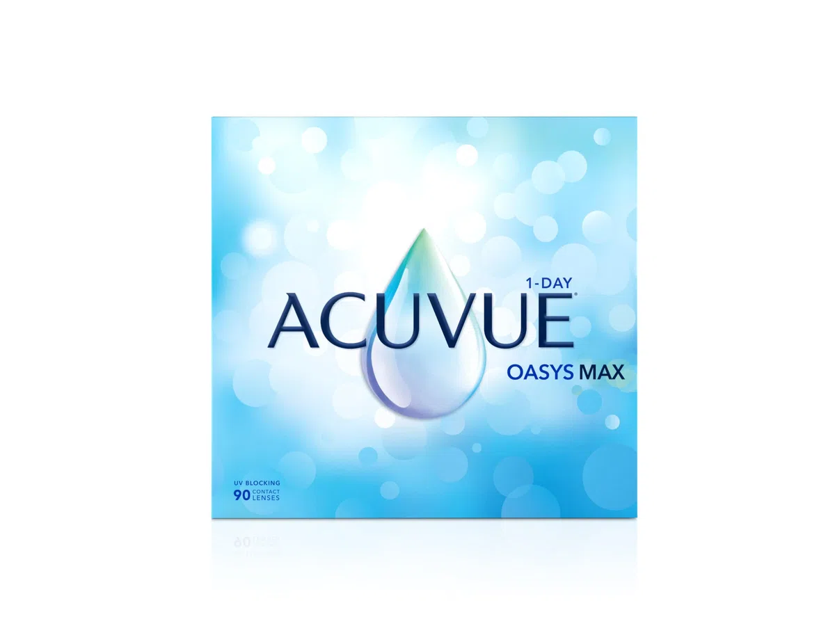 ACUVUE OASYS MAX 1-Day, lenti a contatto giornaliere; Comfort tutto il giorno e visione nitida, filtrano la maggior parte della luce blu-viola;-2.25 diottrie; BC 8.5; DIA 14.30; 90 lenti
