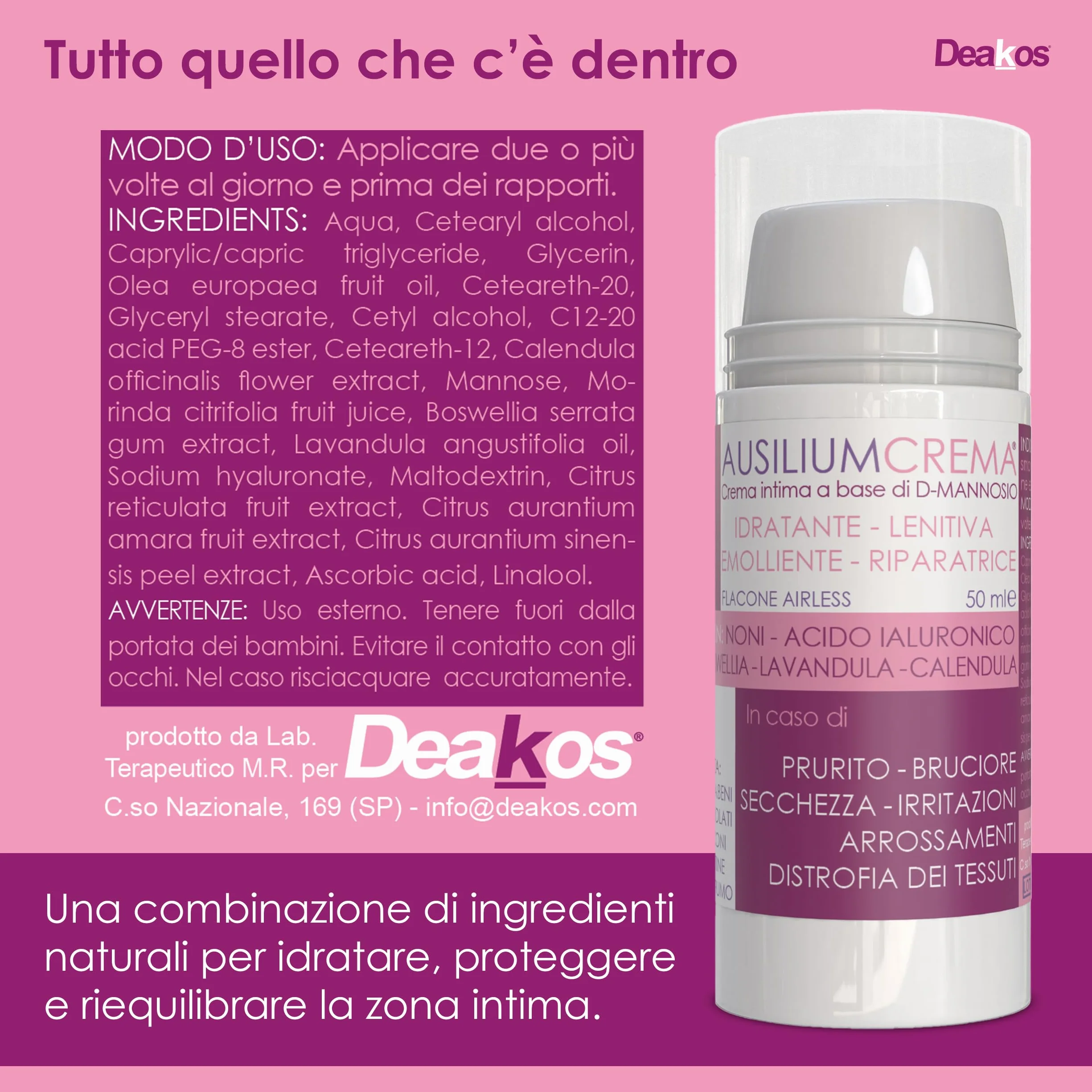 Deakos Ausilium Crema 50ml - Crema per Cistite e Benessere Intimo - Con D-Mannosio e Acido Ialuronico