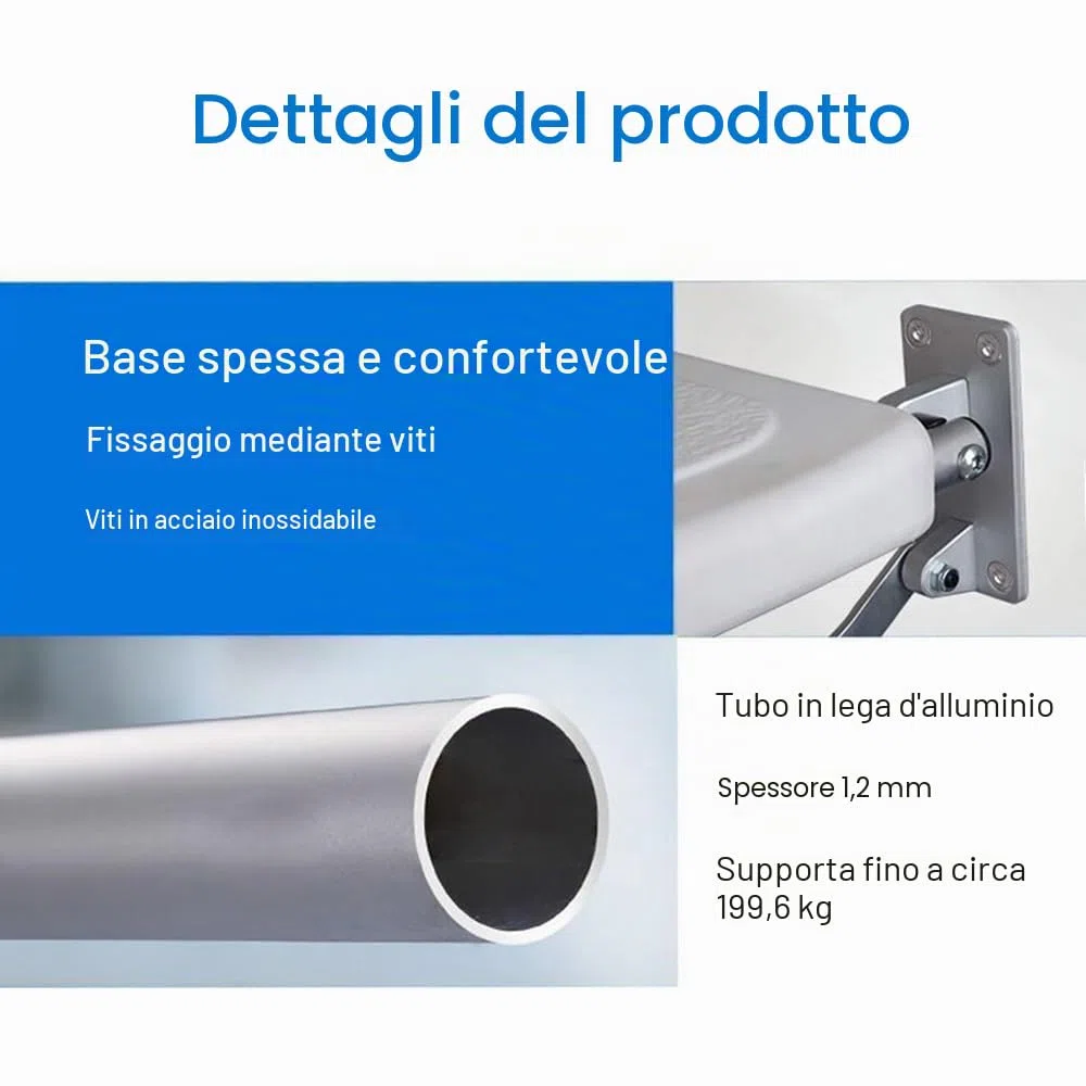 Sgabello da doccia pieghevole, montaggio a parete, sgabello da bagno avvitato con piedini antiscivolo, foro di scarico, fessura per soffione doccia per anziani con disabilità, 42-53 mm