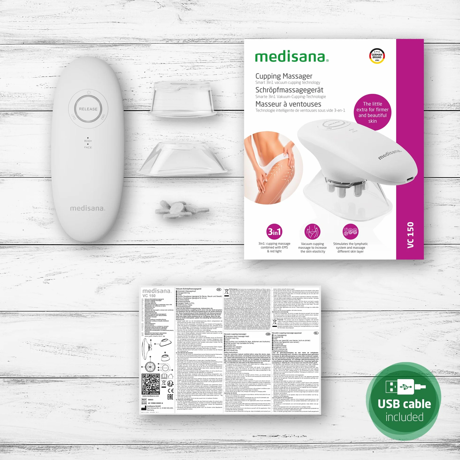 medisana VC 150 massaggiatore a coppettazione per una pelle bella e soda, dispositivo a coppettazione con massaggio a vuoto, EMS e luce rossa, massaggiatore anticellulite con drenaggio linfatico