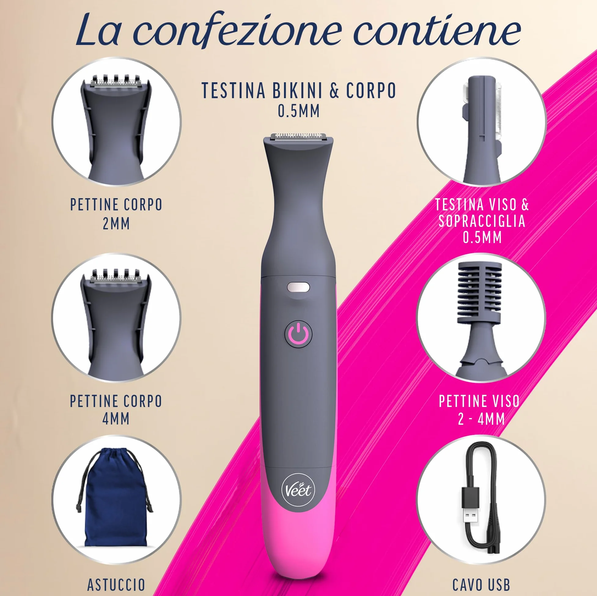 Veet Expert All-In-One Trimmer Rasoio Elettrico Donna Viso Parti Intime 100% Waterproof 2 Testine 3 Pettini Cordless Pochette Regalo