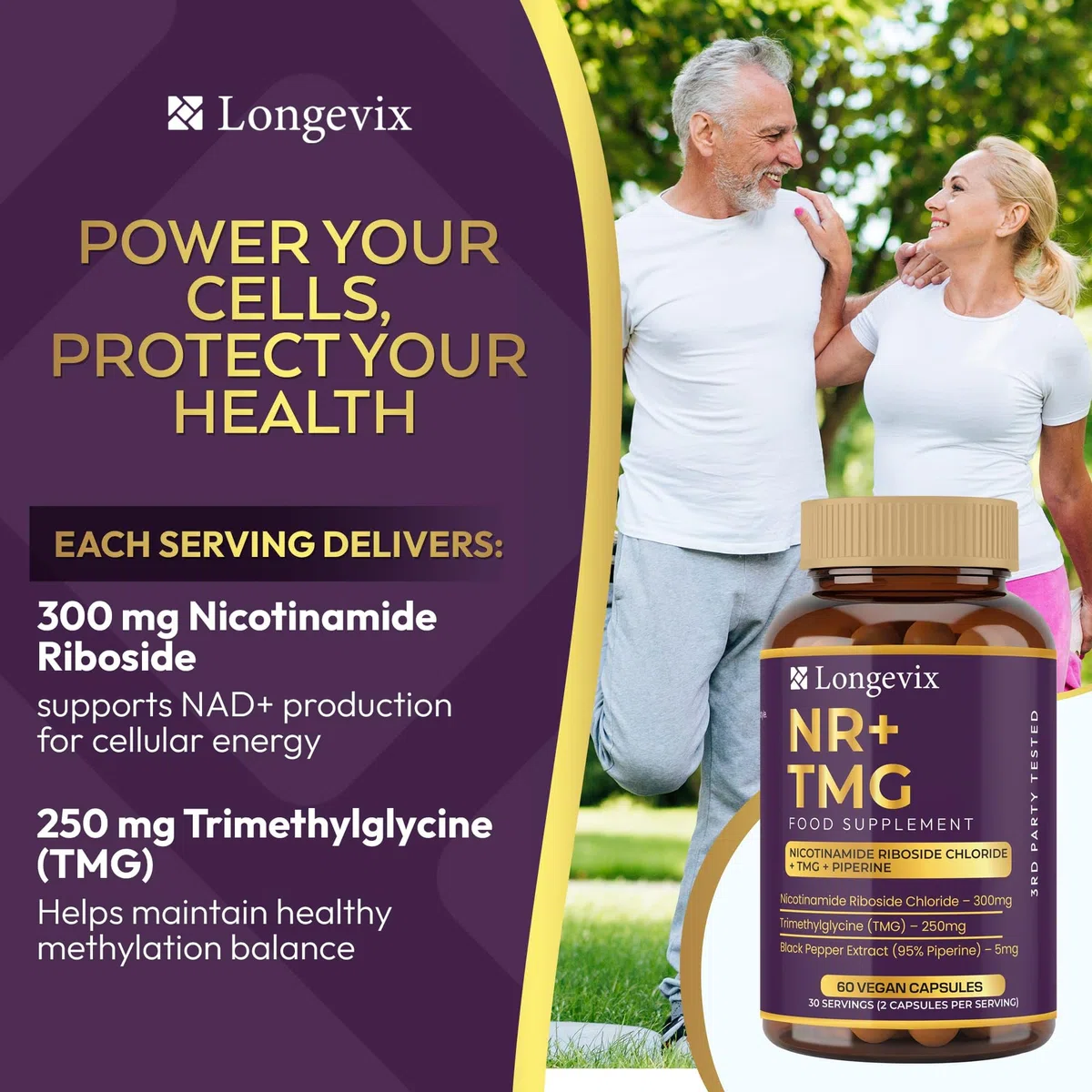 NR+ TMG, NAD+ Capsule | Nicotinamide Riboside 300mg, TMG 250mg | Supporto NAD+ e metilazione | 60 capsule vegane | Booster NAD+ | Formula pulita |