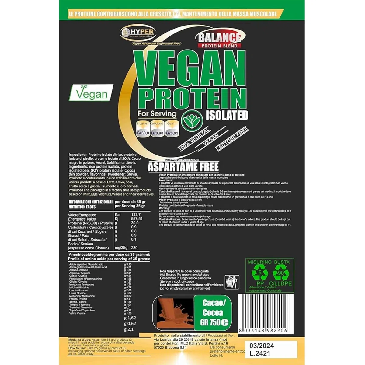 Hyper Vegan Protein 3kg Cacao - Proteine in Polvere Senza Edulcoranti - Proteine in Polvere Isolate senza Glutine - Proteine in Polvere Vegane per Aumento Massa Muscolare, Favoriscono il Recupero