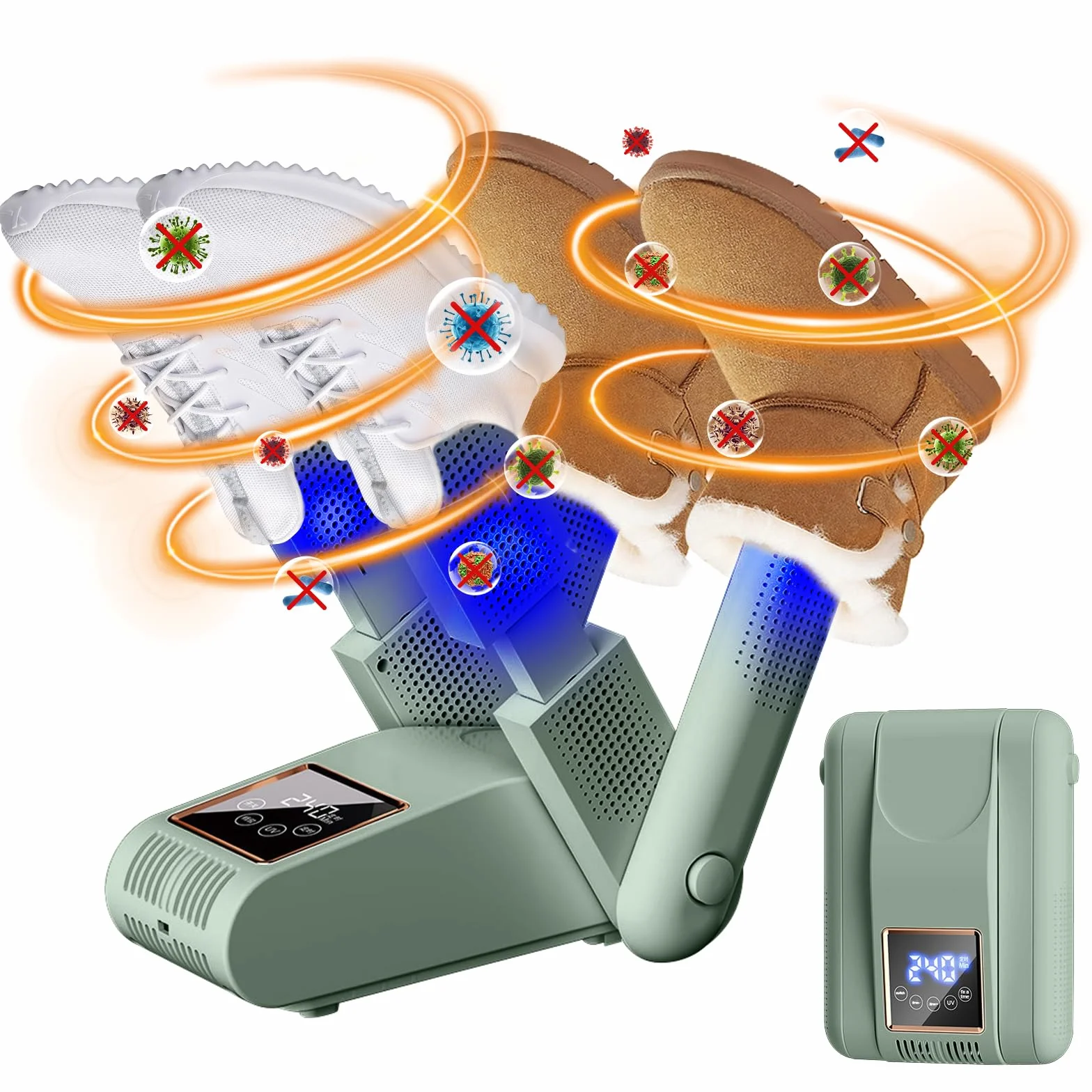 Asciuga Scarpe Elettrico per Due Paia, Pieghevole con Doppio Supporto, Display LED Temperatura, Deodorizzazione UV