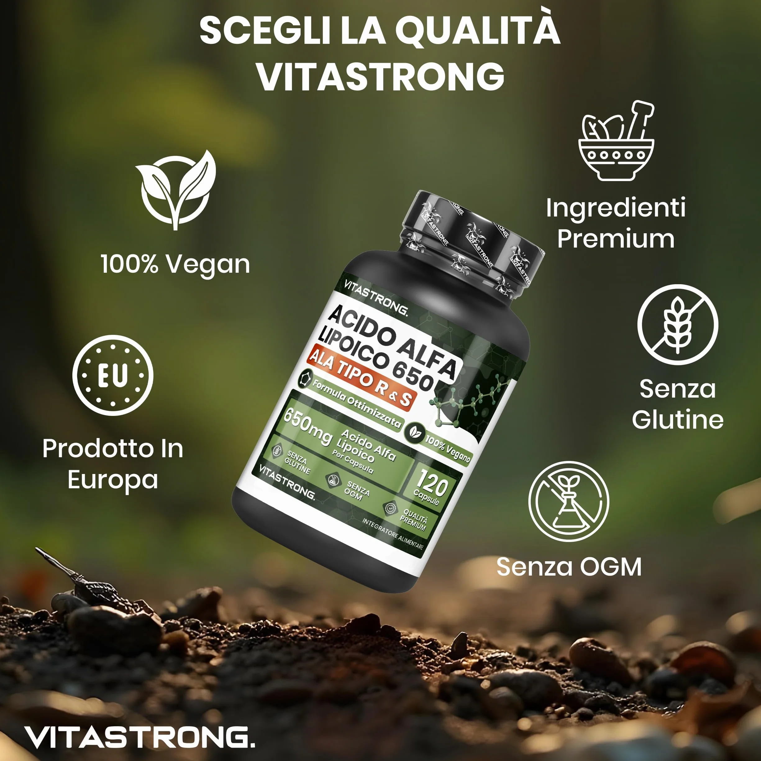 Vitastrong Acido Alfa Lipoico 650mg 120 Capsule Integratore Vegano Senza Glutine
