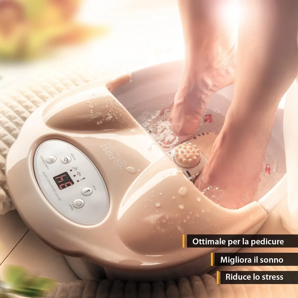 TZS First Austria - Pediluvio Massaggiatore Digitale - 450W - Display LED & Luce Rossa - Fino al Numero 43 - Idromassaggio Plantare Elettrico - 3 Accessori, Protezione Antischizzo & Box Aroma - Beige
