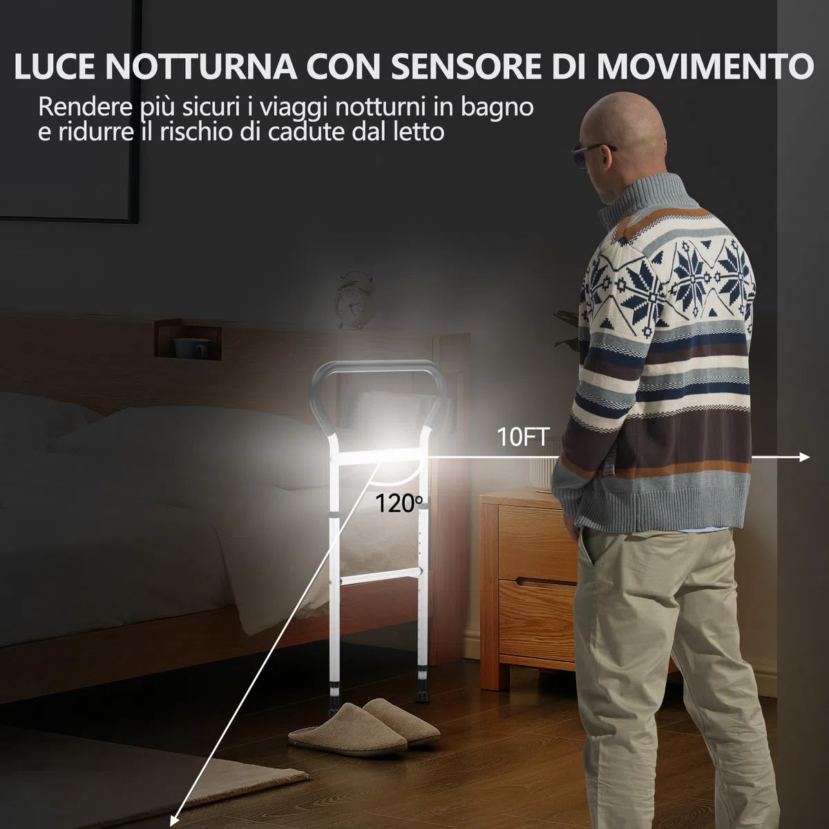 Sponda Letto Anziani Con Sensore Di Movimento Luce Notturna E Custodia Portaoggetti Sponde Letto Anziani Maniglia Per Barra Di Assistenza Anti-Caduta