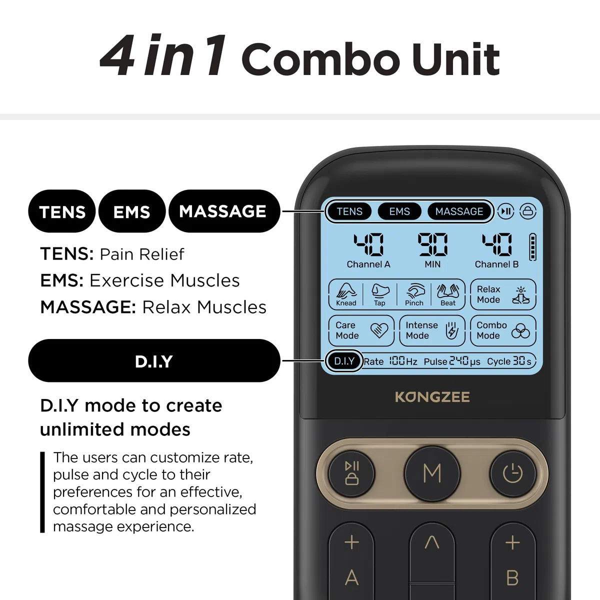 4 in 1 - Unità TENS e fai da te, stimolatore muscolare EMS e massaggio, macchina terapeutica con unità TENS a doppio canale per alleviare il dolore (Nero)