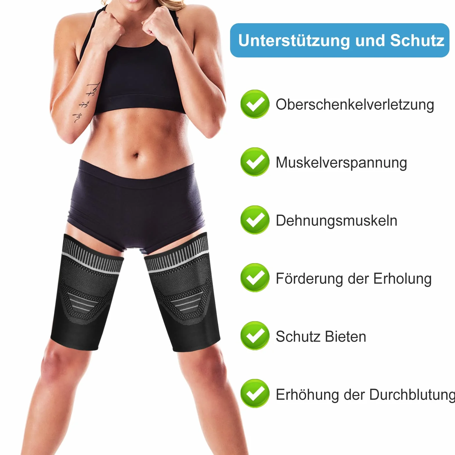Fascia Elastica Compressione Coscia con Silicone Antiscivolo, Supporto per Strappo Muscolare, 2 Pezzi (nero, L)