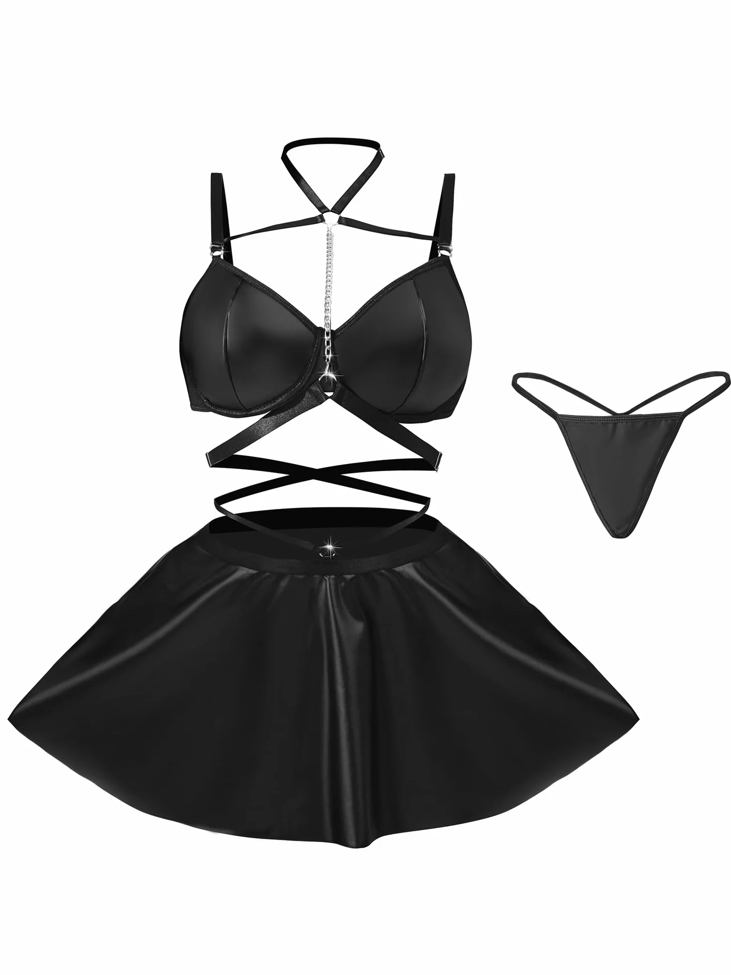 EVELIFE Lingerie Sexy Set Con Reggiseno a Catena e Mini Gonna Bodycon Halter Neck Backless Babydoll Taglie S-XXL
