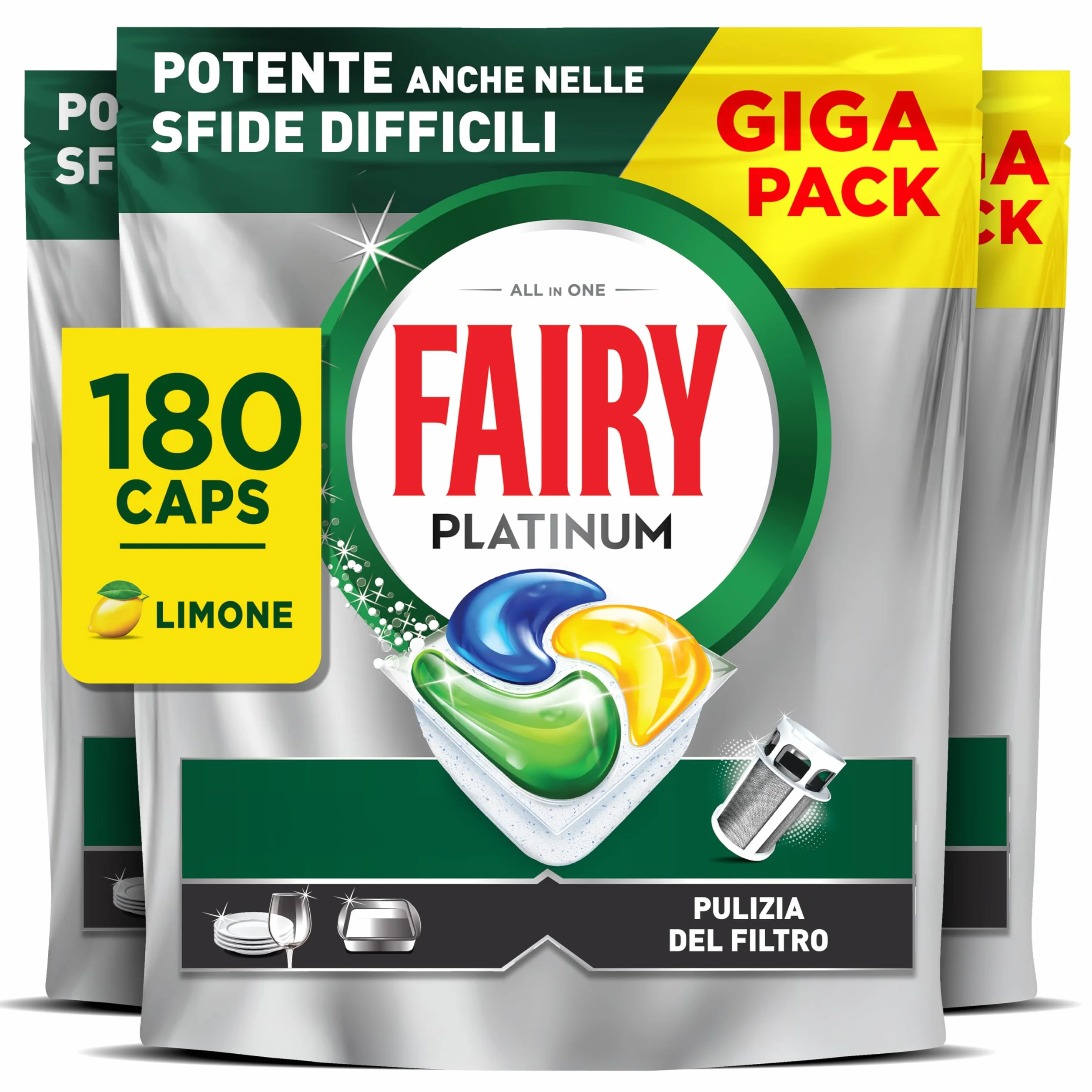 Fairy Platinum Detersivo Pastiglie Lavastoviglie Brillantante, 180 Capsule, Limone