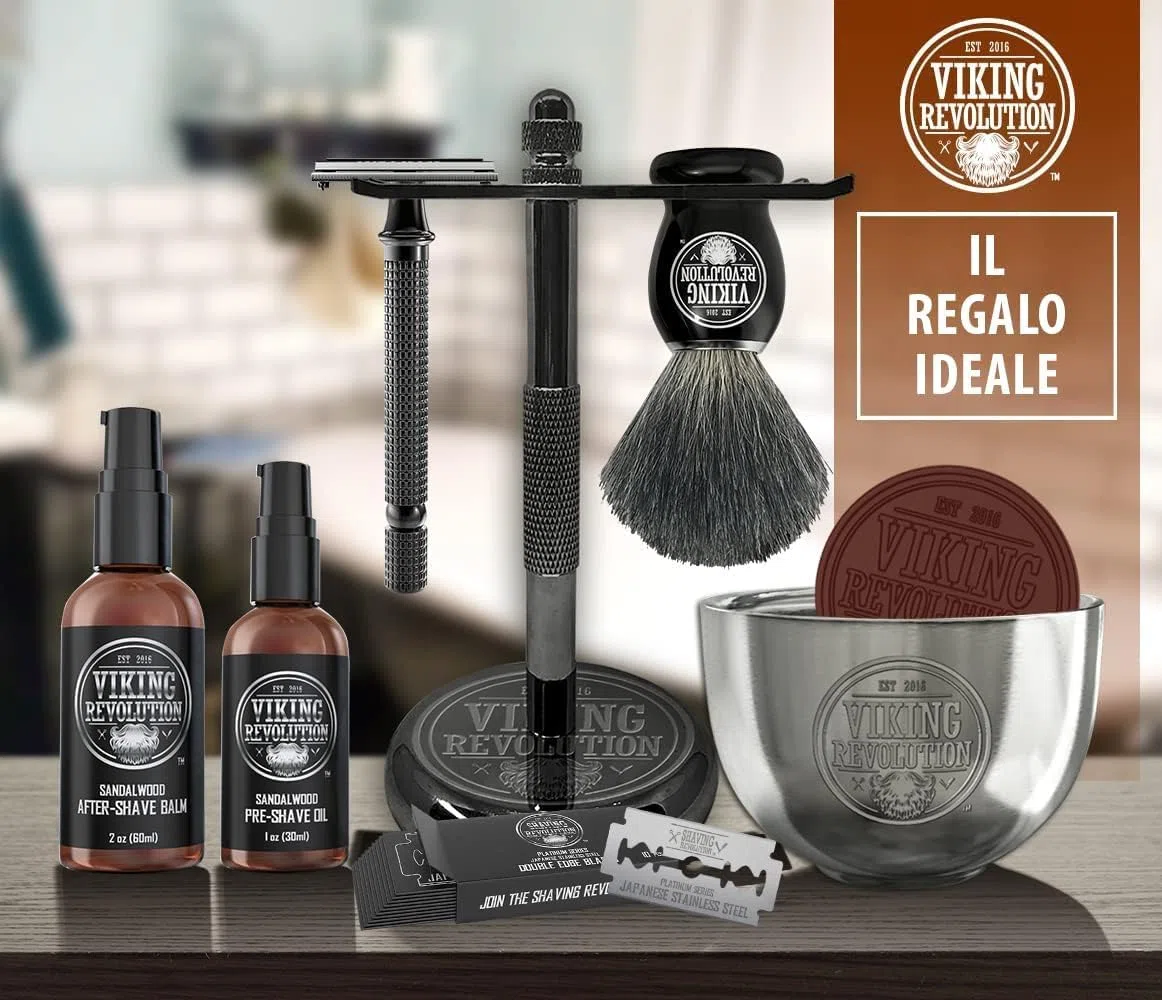 Viking Revolution - Kit Rasatura Barba Uomo - Regalo Uomo - Include Rasoio di Sicurezza, Supporto, Ciotola, Balsamo Dopobarba, Olio Prerasatura, Pennello di Tasso