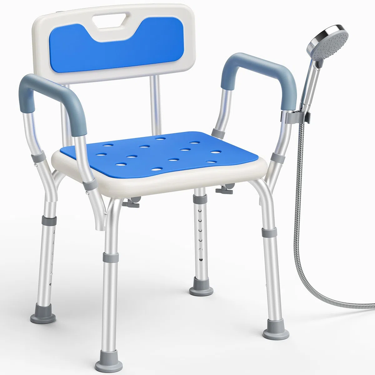 Sedia per Doccia Anziani, Sgabello Doccia Anziani con Schienale e Braccioli Rimovibili, 6 Altezza Regolabile, Antiscivolo, Sedia Doccia per Anziani e Disabili, Capacità Fino a 150 kg