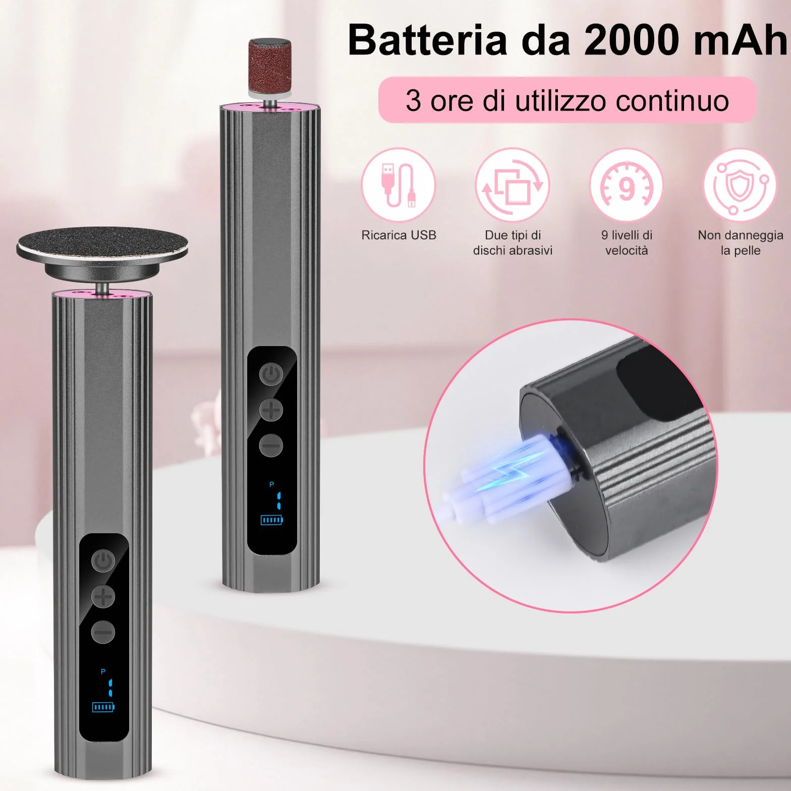 Pedicure Elettrico Professionale Piedi con Display LCD, Lima Elettrica per Piedi, Velocità Regolabile, Set Rimozione Calli Ricaricabile (Grigio)