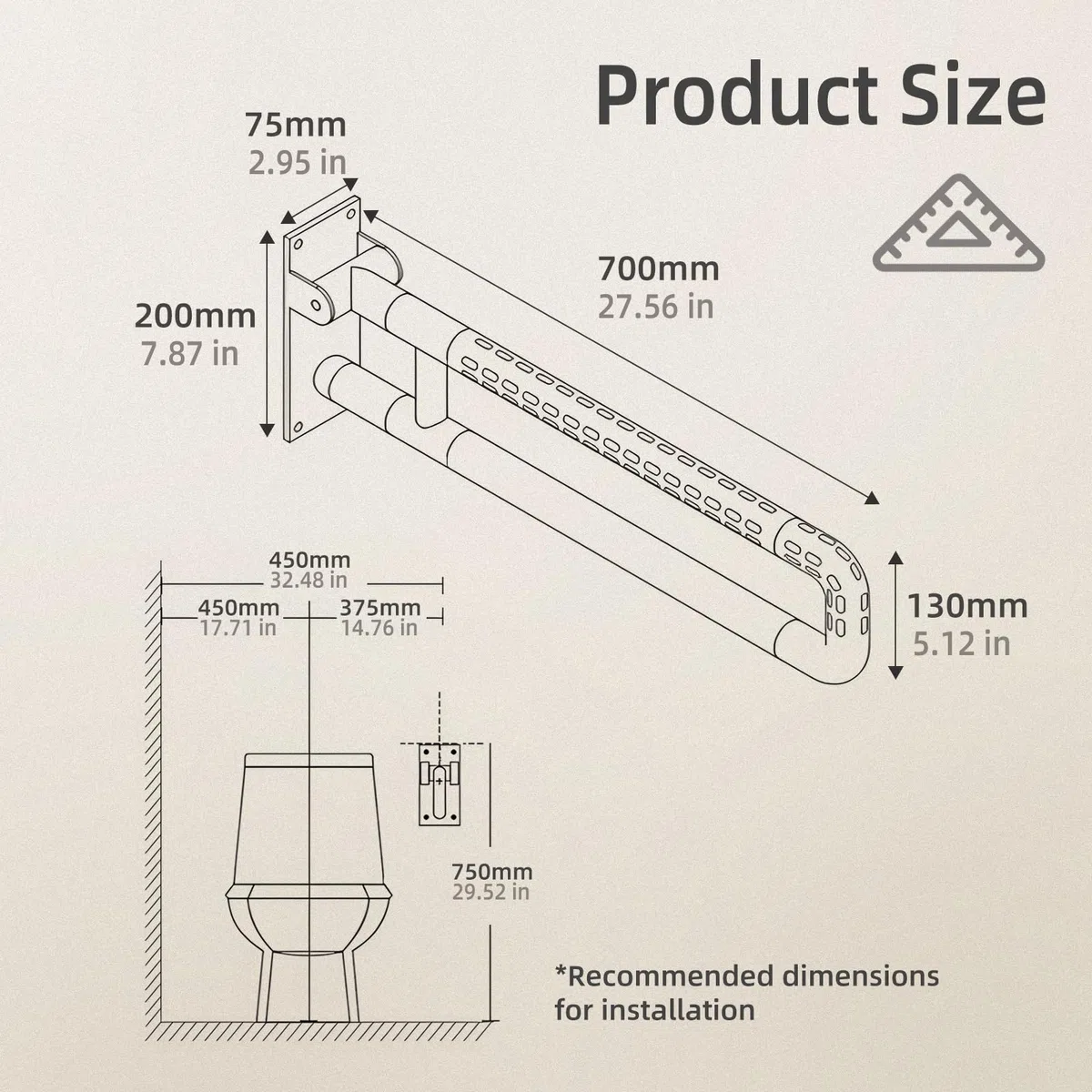 Maniglione Bagno Disabili,Maniglia Doccia Anziani,WC stand-up,70cm Maniglione per Doccia,Supporto Pieghevole Disabili,Acciaio Inossidabile,Supporta 250 kg,Bianco