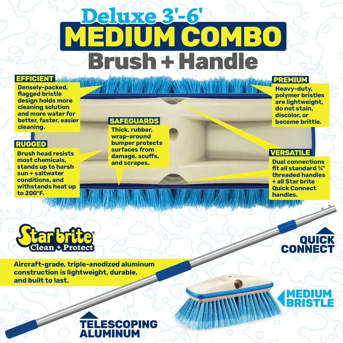 STAR BRITE Kit di spazzole telescopiche Deluxe – Manico allungabile in Alluminio aeronautico, setole morbide o Medie, galleggia in Caso di Caduta, Design ergonomico, Pulizia Multi-Superficie