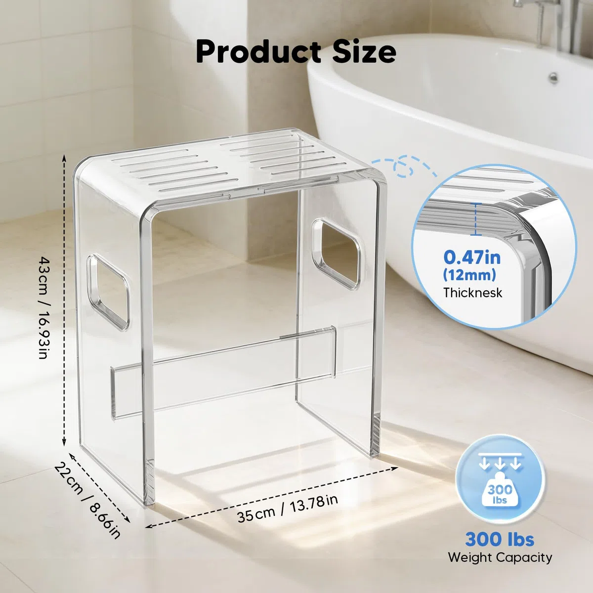 Sgabello da Doccia, Sedia da Doccia in Acrilico Trasparente (Portata 136kg) | Sgabello Trasparente Alto 43CM con Fessure di Drenaggio e Piedini Antiscivolo, Ideale per Sedersi
