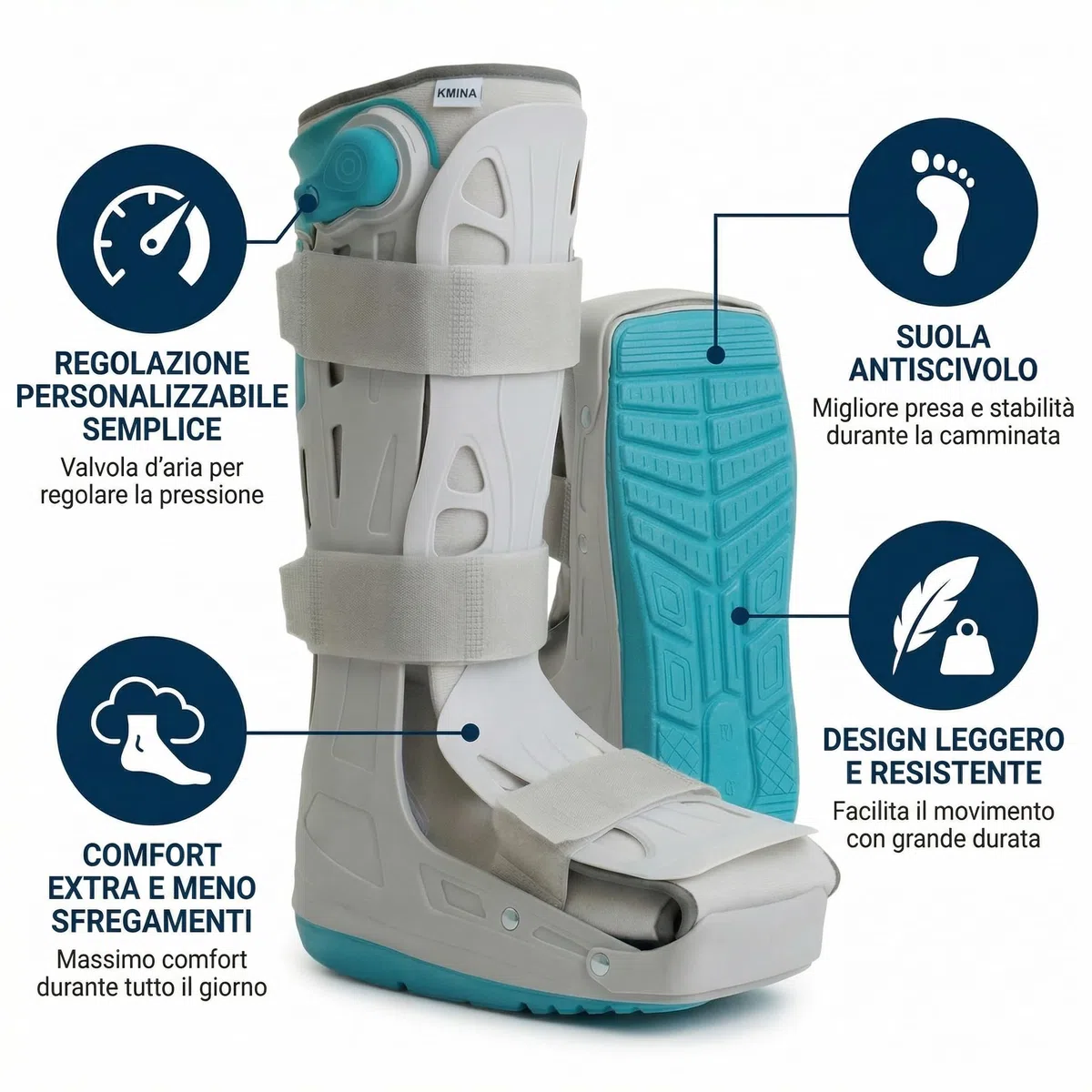 KMINA Tutore Walker Alto Gonfiabile S (Taglie 35,5 a 39,5), Stivale Ortopedico per Immobilizzazione di Piede e Caviglia, Regolazione Pneumatica con Valvola, Unisex Destro o Sinistro