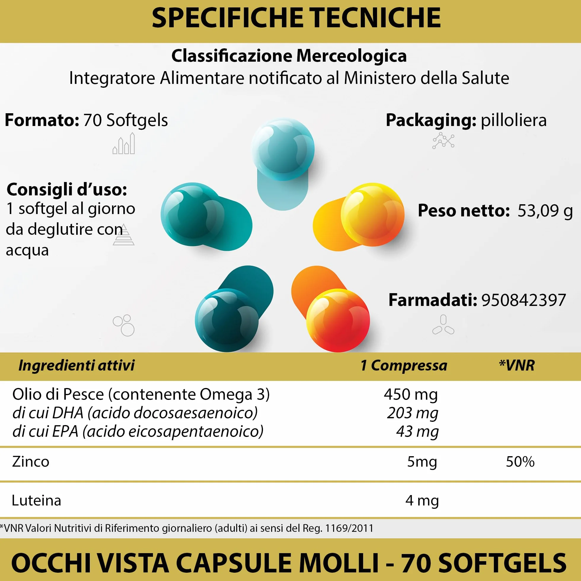 Integratore Visione Occhi Vista 70 Softgels Luteina Zinco Olio di Pesce Omega 3 DHA EPA LA BOTTEGA DEGLI INTEGRATORI