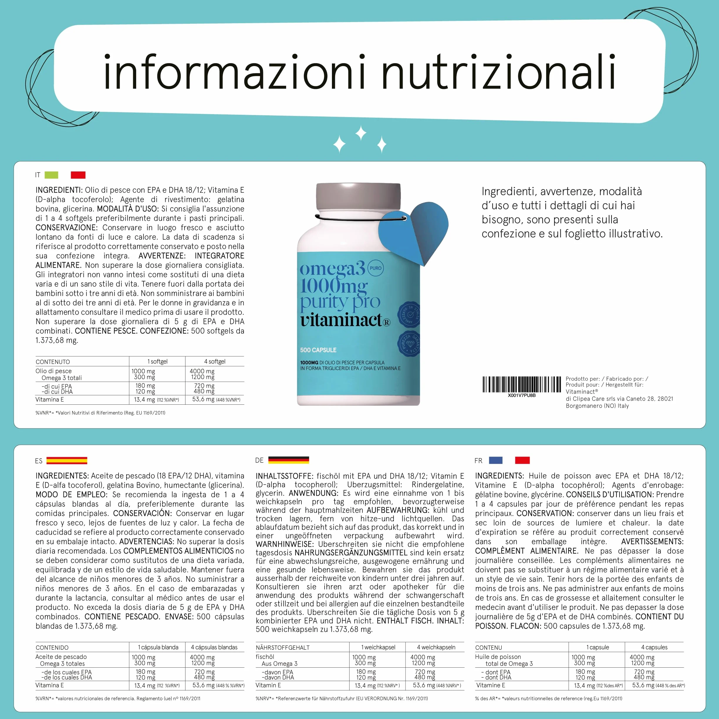 Omega 3 Capsule 1000mg Olio di Pesce Purissimo 1200mg EPA DHA Vitamina E Senza Ritorno Gusto