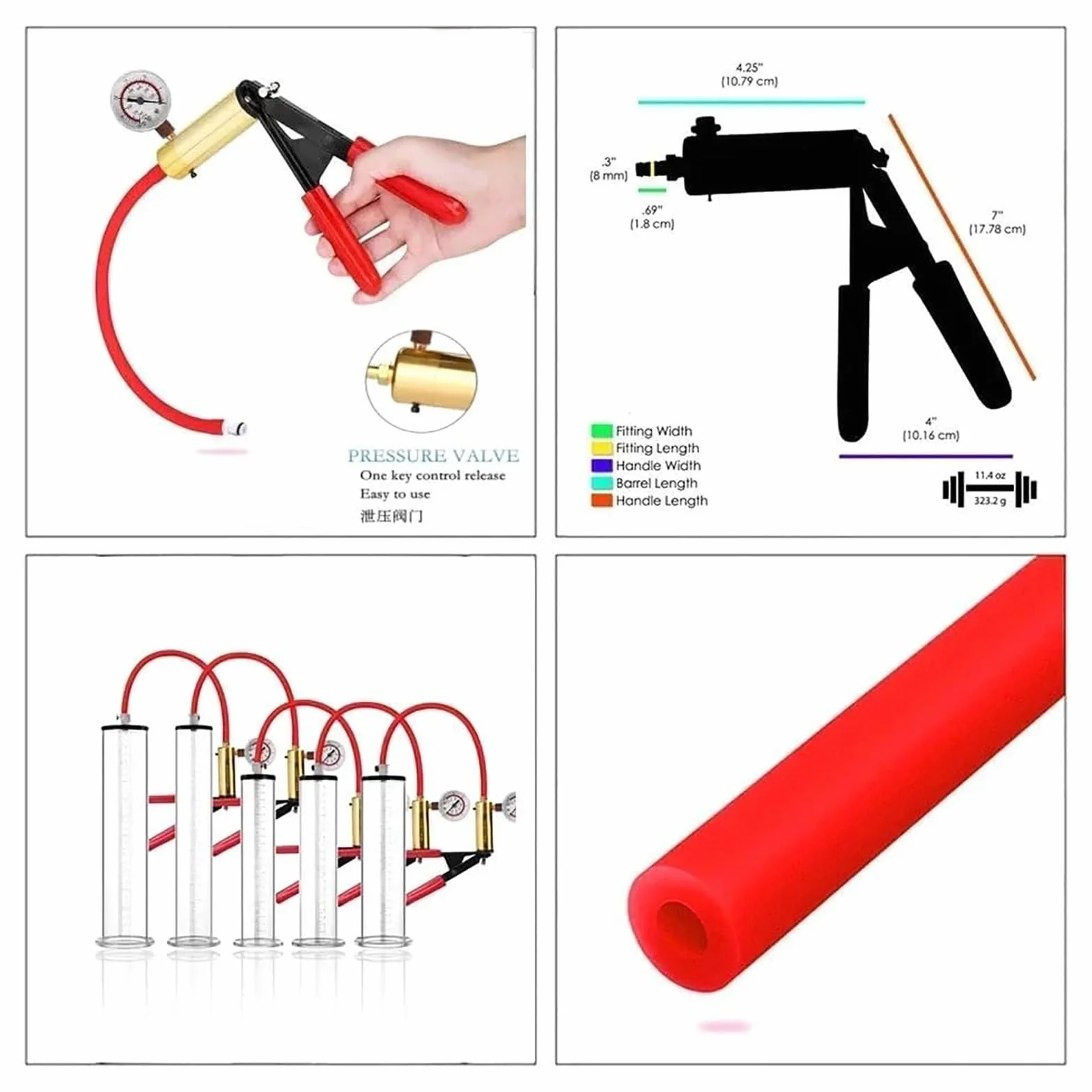 Pompa for pene con manometro a vuoto, manico rosso, pompa manuale for pene uomo, ingrandimento, ingrandimento del con 12 misure for uomo(9 * 2.25in/23 * 5.7cm)