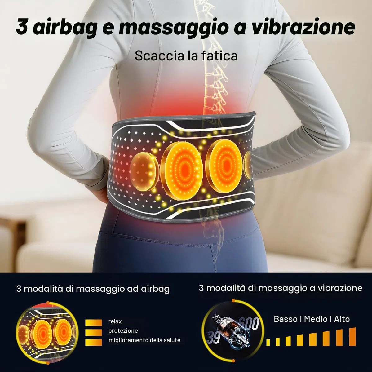 Cintura Lombare Riscaldante e Massaggiante Senza Fili – 3 Modalità di Massaggio, 4 Livelli di Calore, Spegnimento Automatico – Allevia Dolori alla Schiena e all’Addome – Idea Regalo per Uomo e Donna
