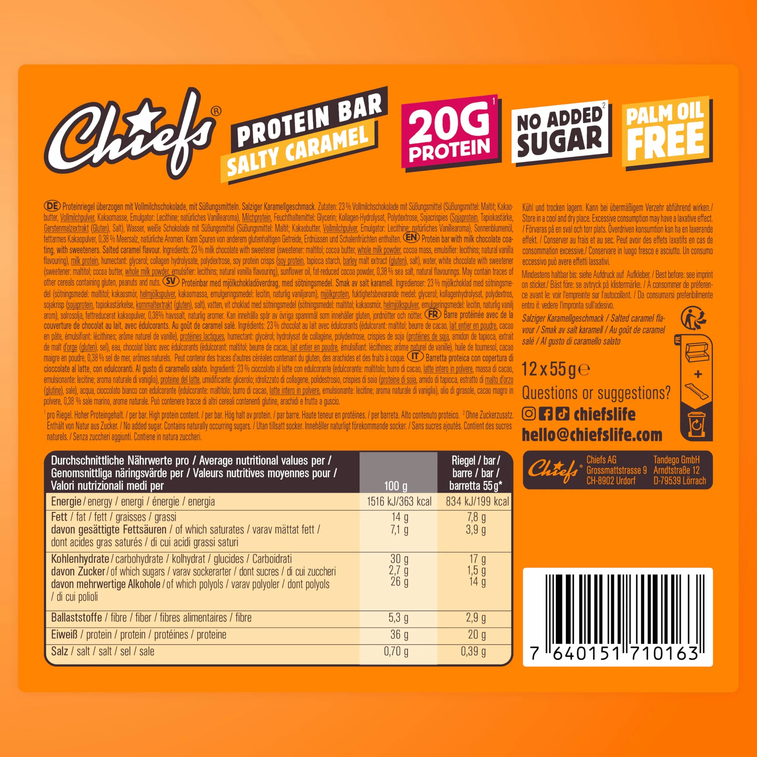 Chiefs Protein Bar 20g proteine 214kcal 12 x 55g Salty Caramel