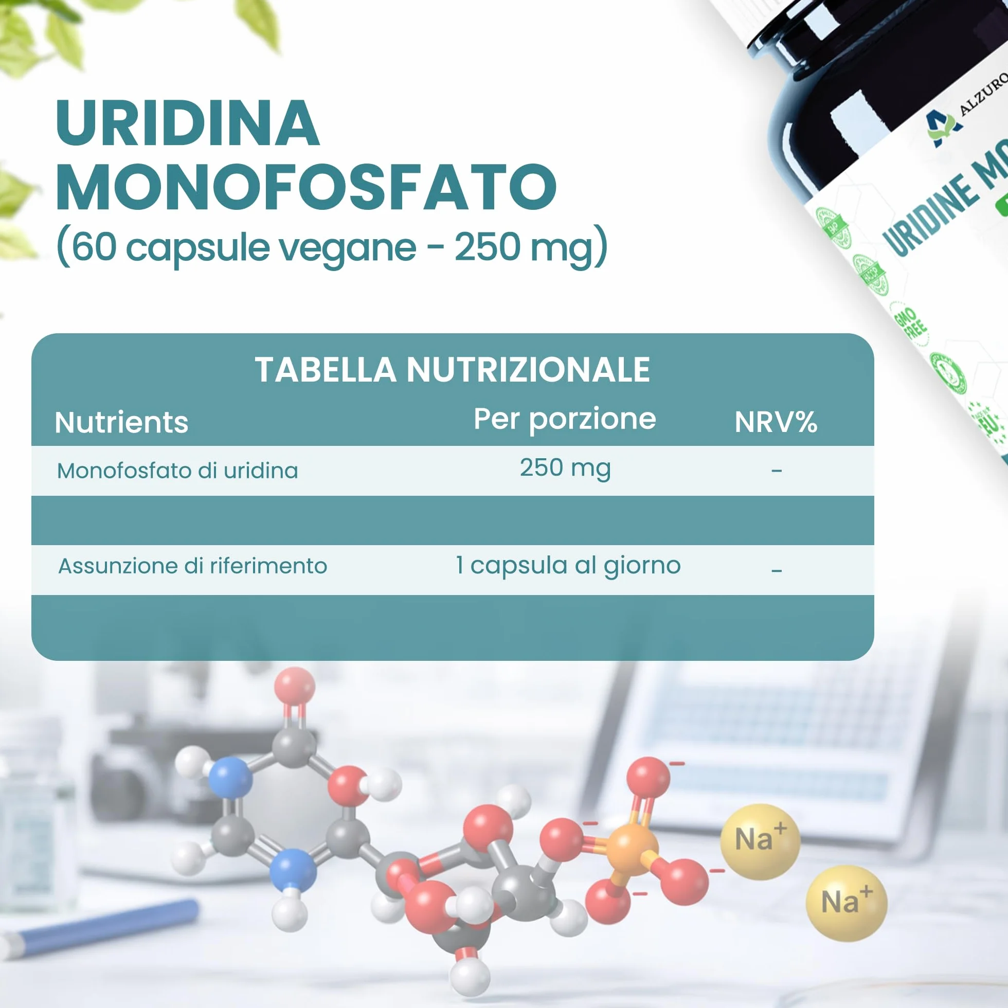 Uridina Monofosfato 250 mg 60 capsule vegane GMP Testato da Laboratorio Indipendente