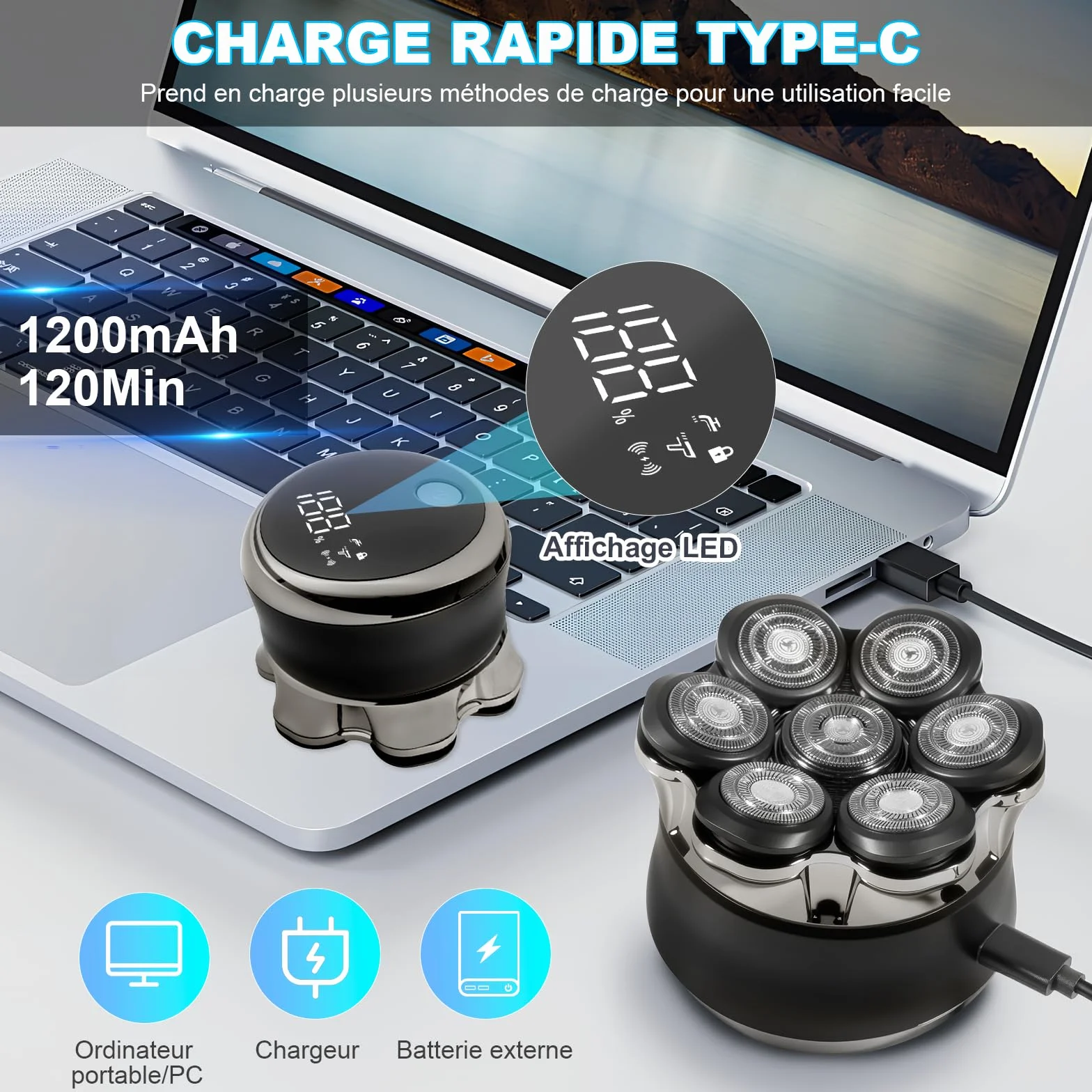 Carehabi Rasoio Testa Calva Uomo IPX6 Impermeabile Ricaricabile Interfaccia Type-C Testina Flottante Magnetiche 7D Autonomia 120 Minuti