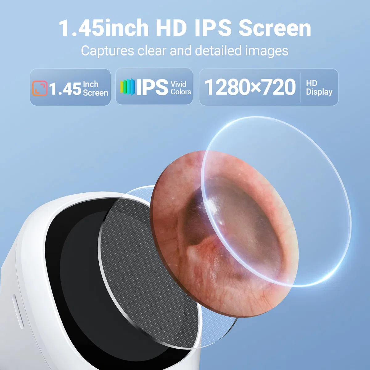 ScopeAround Otoscopio con luce, 720P HD per la pulizia dell'orecchio fotocamera e 6 luci LED telescopio orecchio, 1,44 pollici IPS display digitale otoscopio auricolare con cavo di estensione