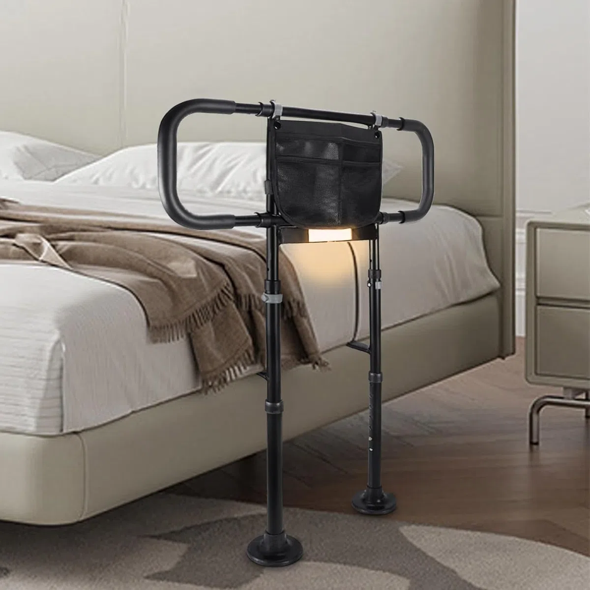 Sponda Letto Anziani Anticaduta Ausili per Alzarsi Dal Letto Regolabile in Altezza con Luce a Sensore, Supporto per Alzarsi, Sbarra di Sicurezza, Portata Fino a 180KG