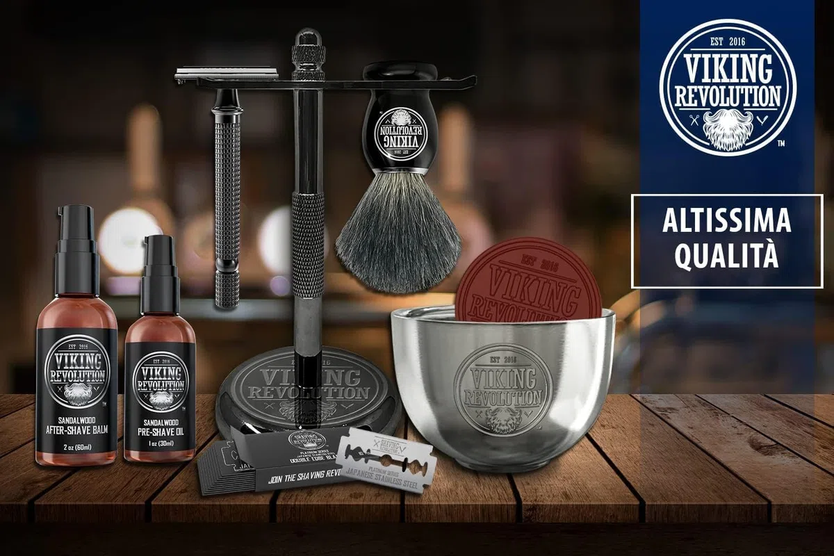 Viking Revolution - Kit Rasatura Barba Uomo - Regalo Uomo - Include Rasoio di Sicurezza, Supporto, Ciotola, Balsamo Dopobarba, Olio Prerasatura, Pennello di Tasso
