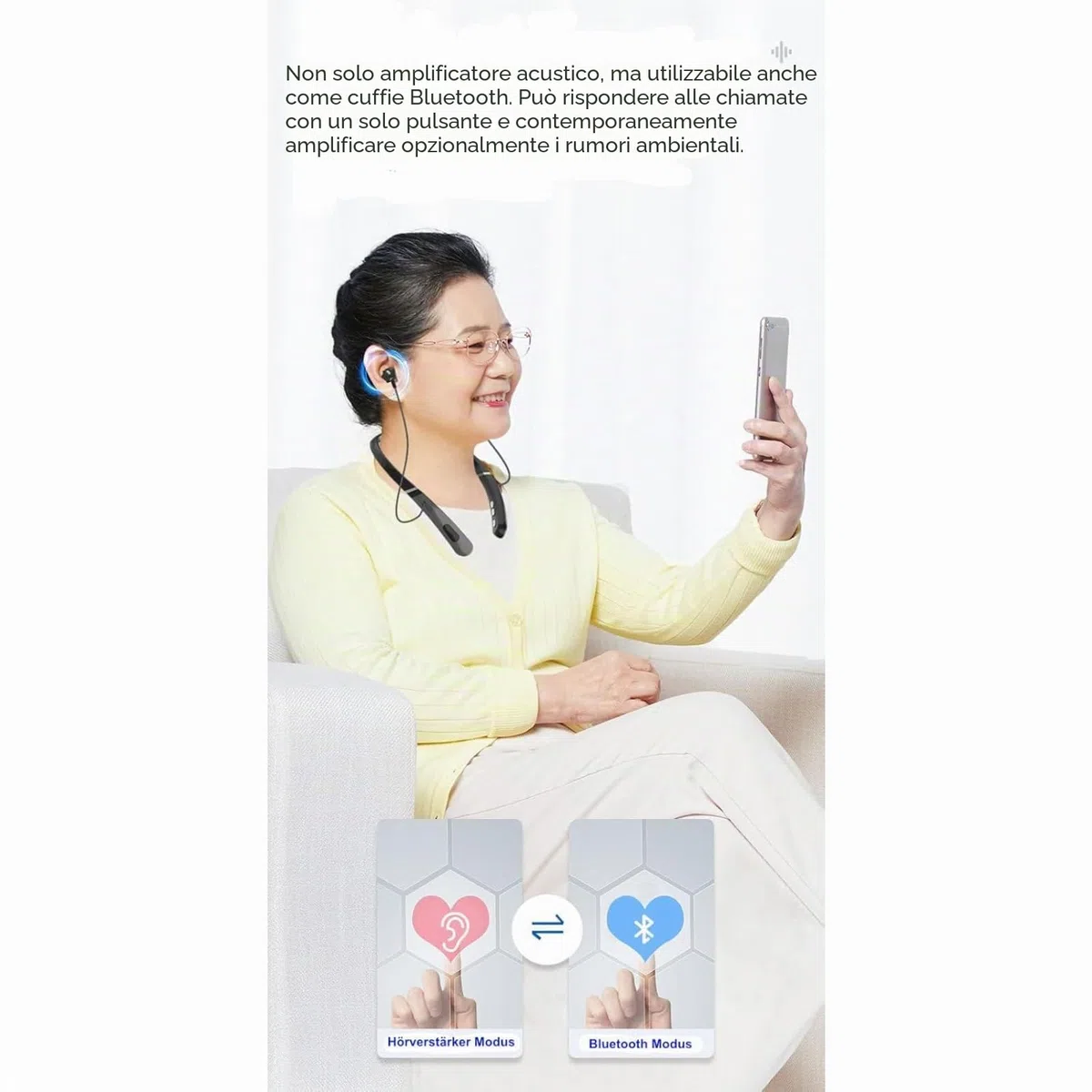 Amplificatore per udito professionale da collo e cuffie Bluetooth in uno; ambiente di amplificazione del rumore più forte, ideale per anziani o persone con problemi di udito