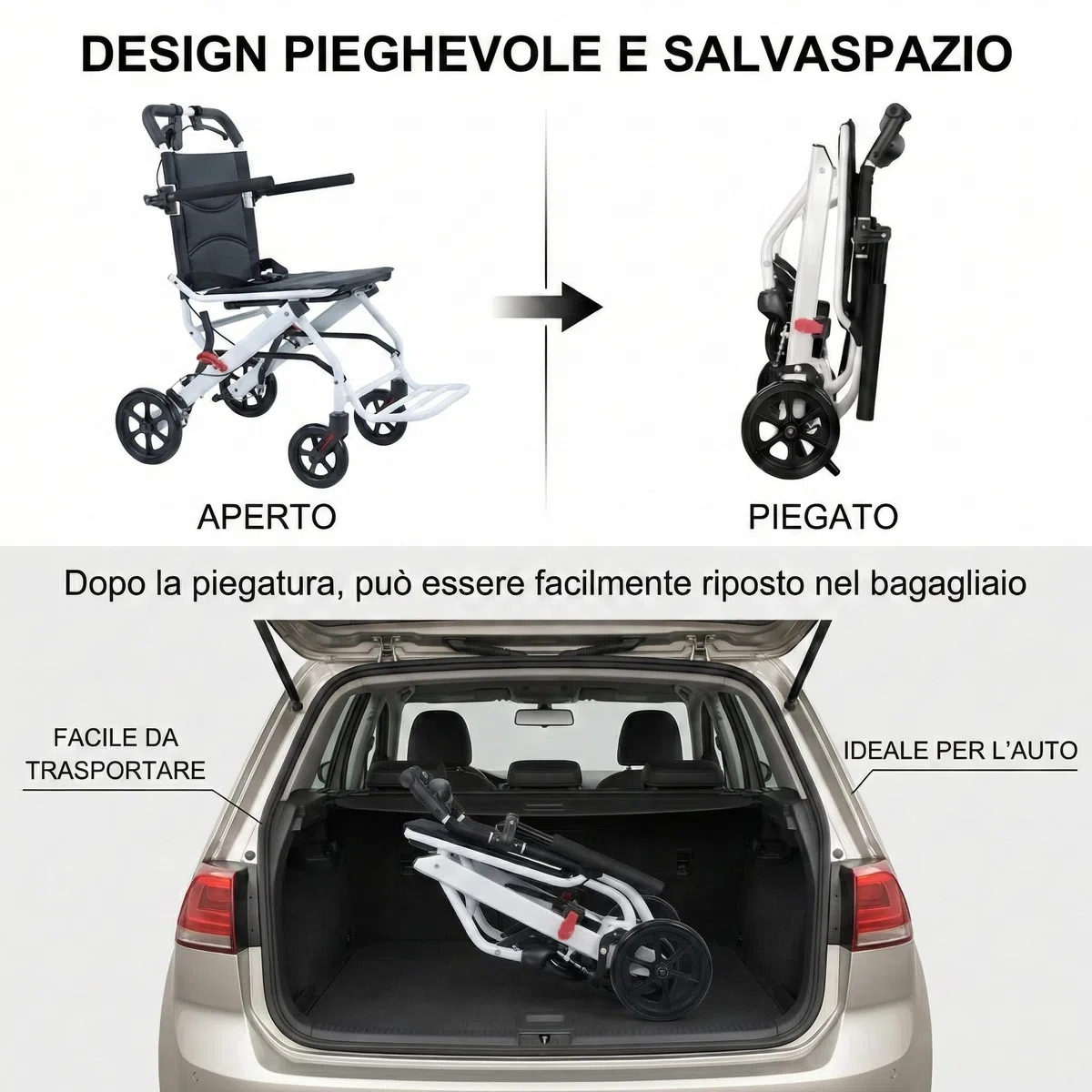 Sedia a rotelle pieghevole in carbonio leggero, sedia di mobilità da viaggio con freno ergonomico, design compatto 8,2 kg e ruote in PU stabili, uso interno esterno, aiuto portatile per anziani