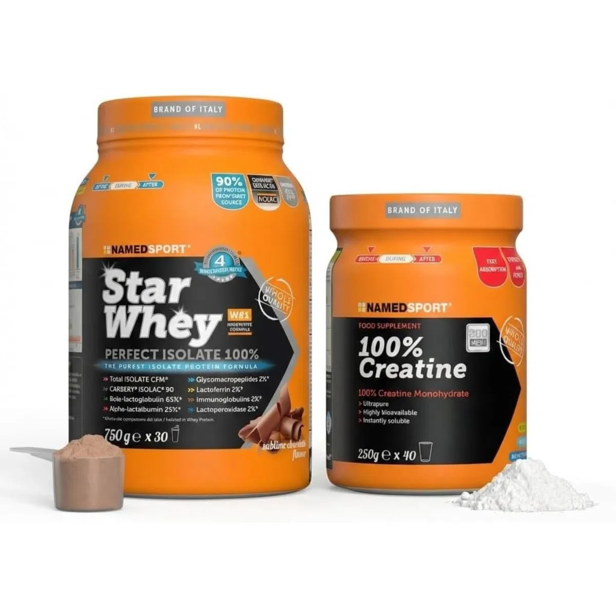 NAMEDSPORT Star Whey Isolate Proteine 750g Cioccolato + 100% Creatine in Polvere 250 g | Proteine del Siero del Latte e Creatina | Massa Muscolare e Recupero | Low Sugar & High Protein