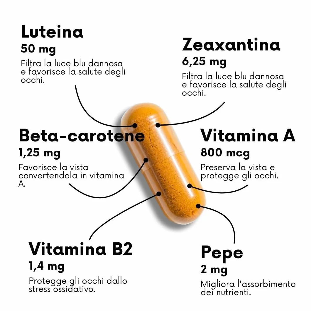 Luteina 50 mg con zeaxantina, beta carotene, vitamina A B2, piperina 180 capsule protezione occhi luce blu senza glutine