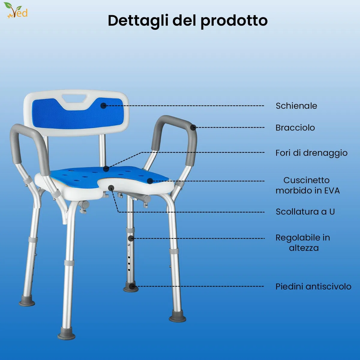 VED Sedia da Doccia a Forma di U con Braccioli e Schienale, Sgabello Regolabile in Altezza 6 Livelli, Antiscivolo per Anziani e Disabili, Capacità di Carico di 330 lb