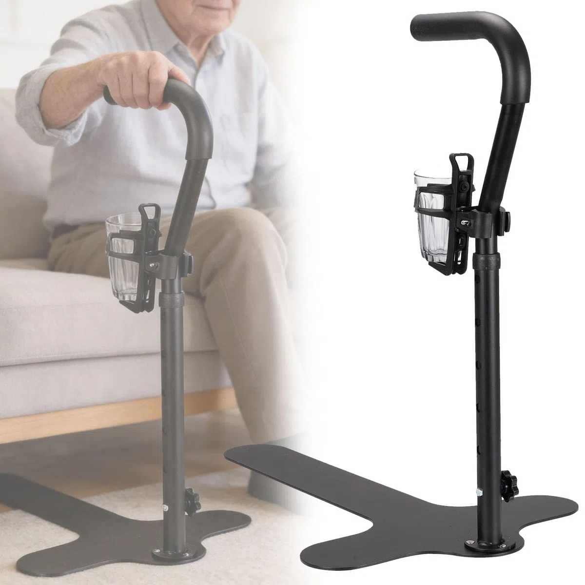 Ausilio Per Posizione Eretta, Ausilio Posizione Eretta Su Divano Con Scaletta Sicurezza E Barra Sostegno (62-87 Cm) Con Portabicchieri Per Anziani Regolabile In Altezza Per Divani E Sedie Disabilità