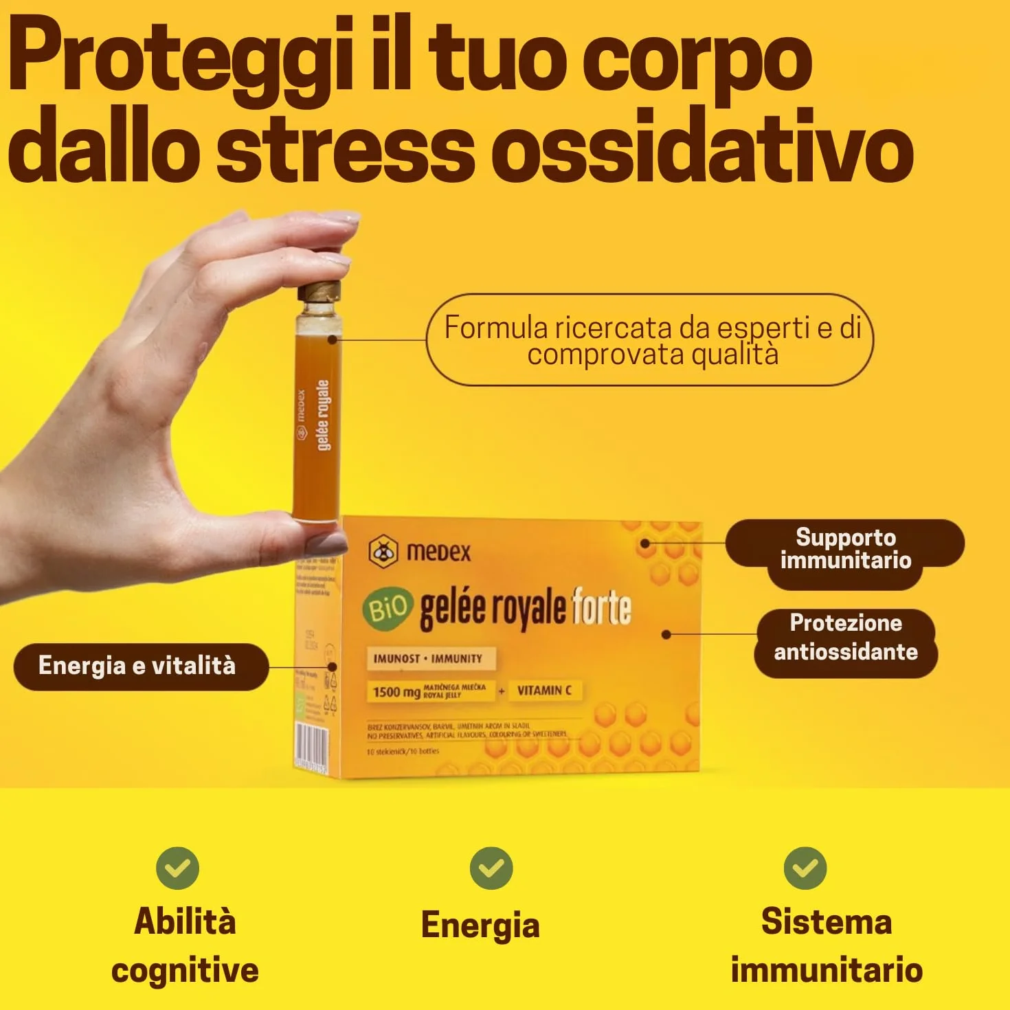 Medex Organic Gelée Royale FORTE, Pappa Reale biologica Extra Forte 1500 mg, Vitamina C Naturale, 10x9 ml