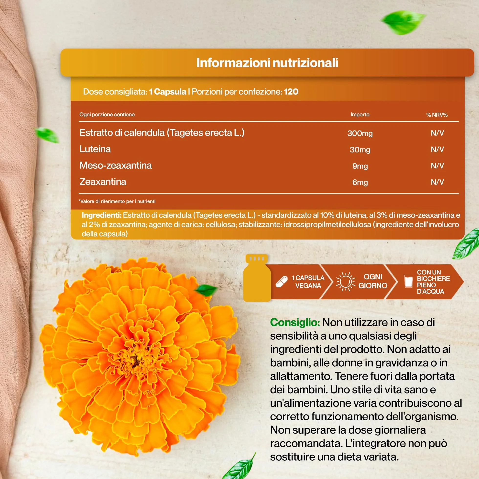 Luteina 30mg, Meso-Zeaxantina 9mg, Zeaxantina 6mg - 120 Capsule Vegane, 300mg