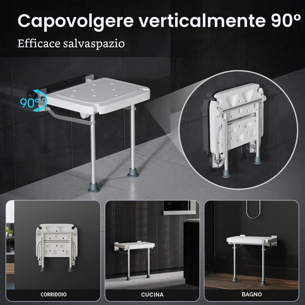 Sgabello da doccia pieghevole a parete, sedile doccia alto 42 cm, con piedini antiscivolo, foro di drenaggio, fessura per soffione doccia,adatto per anziani e disabili