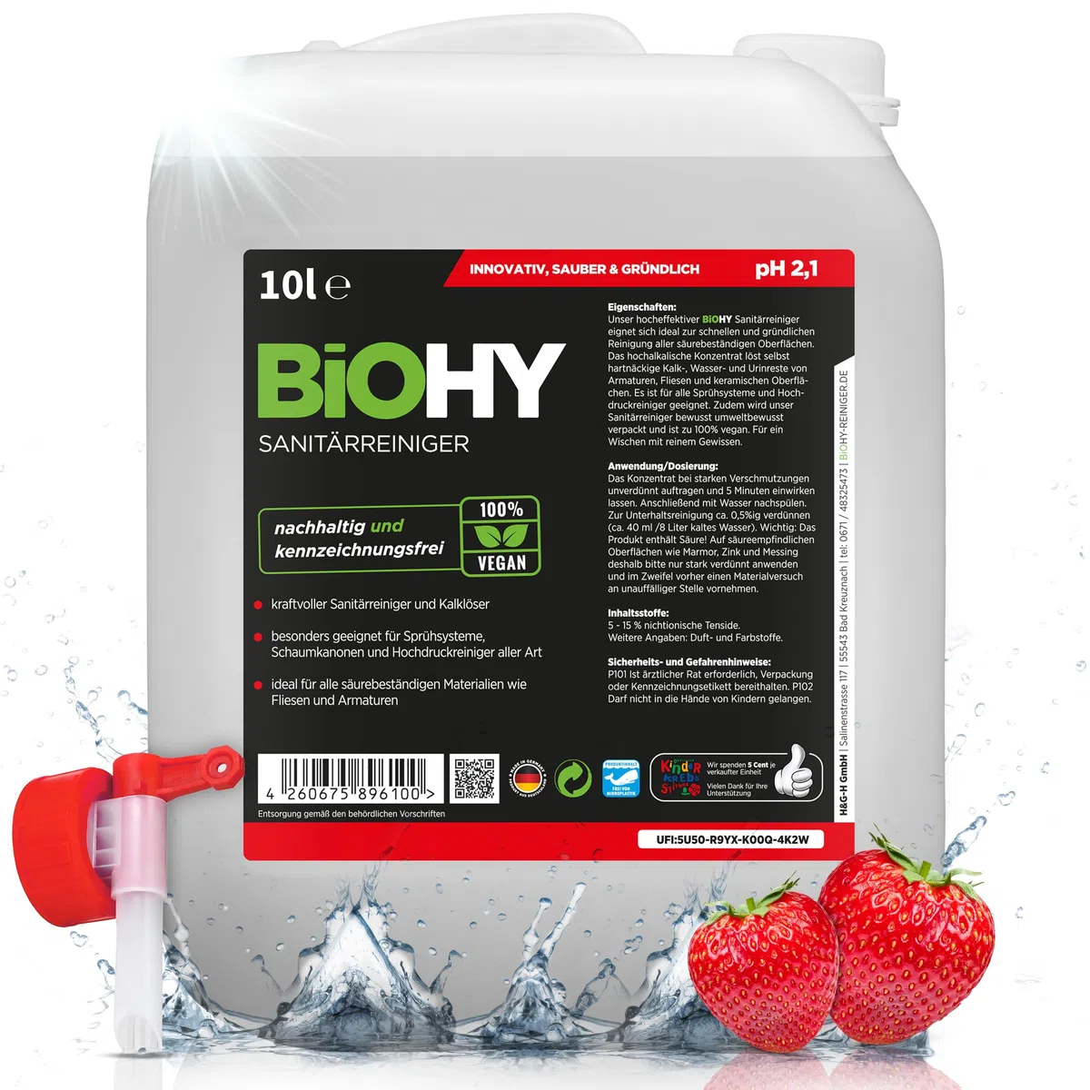 BiOHY Detergente per bagno (Lattina da 10 Litri) + Rubinetto di scarico | Concentrato decalcificante per ambienti sanitari | profumo gradevole e fresco | EXTRA FORTE (Sanitärreiniger)