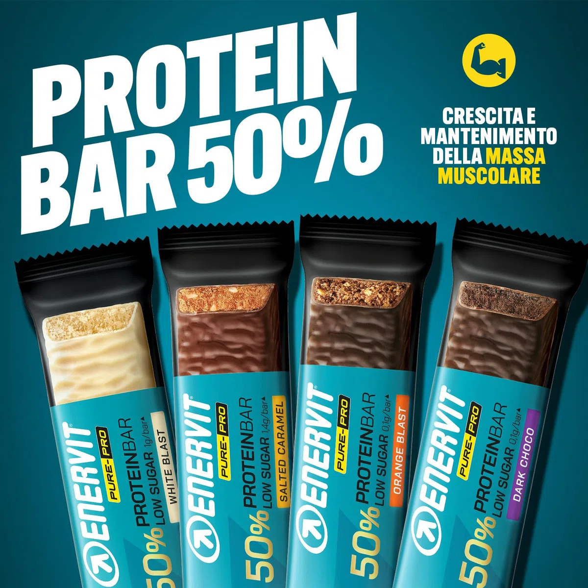 Enervit Pure-Pro Protein Bar 50% Dark Choco, Barrette Proteiche Senza Zucchero e Senza Glutine, Snack Proteici con 30g Proteine, Post Workout Intensi, Gusto Cioccolato Fondente, 25 Barrette da 55g