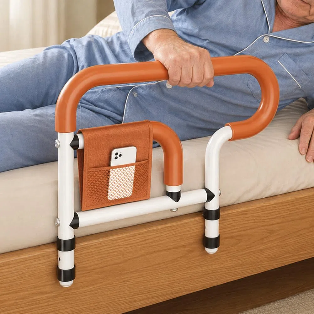 Supporto per il letto, pieghevole e regolabile in altezza, con borsa portaoggetti, strumento sicuro per anziani, persone con disabilità e donne incinte, per l'uso quotidiano a casa