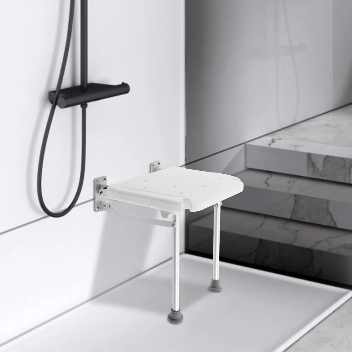 Sgabello da doccia pieghevole a parete, sedia da doccia pieghevole, per anziani, donne in gravidanza e disabili, portata massima 100 kg, sgabello da doccia pieghevole con piedini di supporto, sgabello