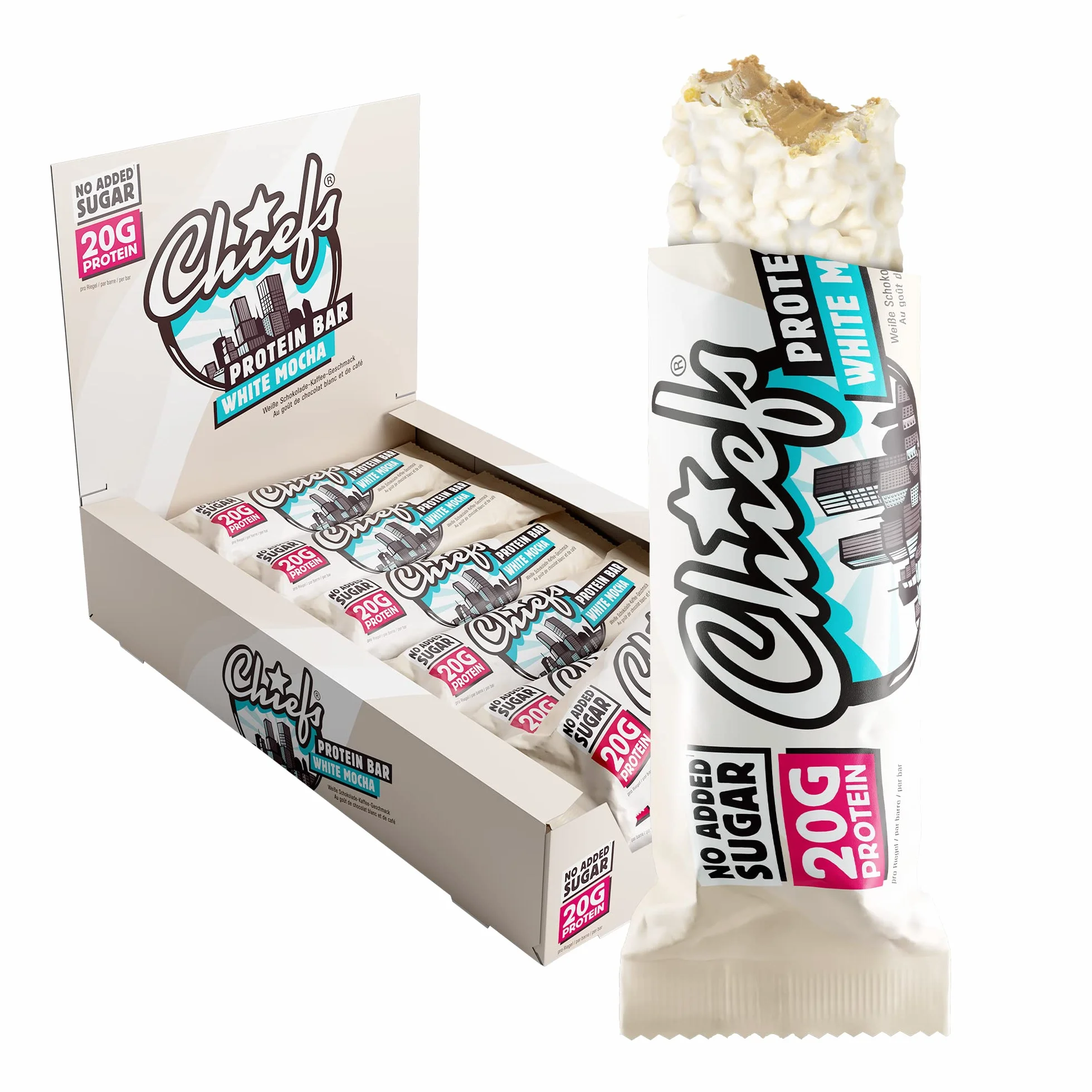 Chiefs Protein Bar 20g proteine 208kcal Barretta proteica basso zucchero 12x55g White Mocha