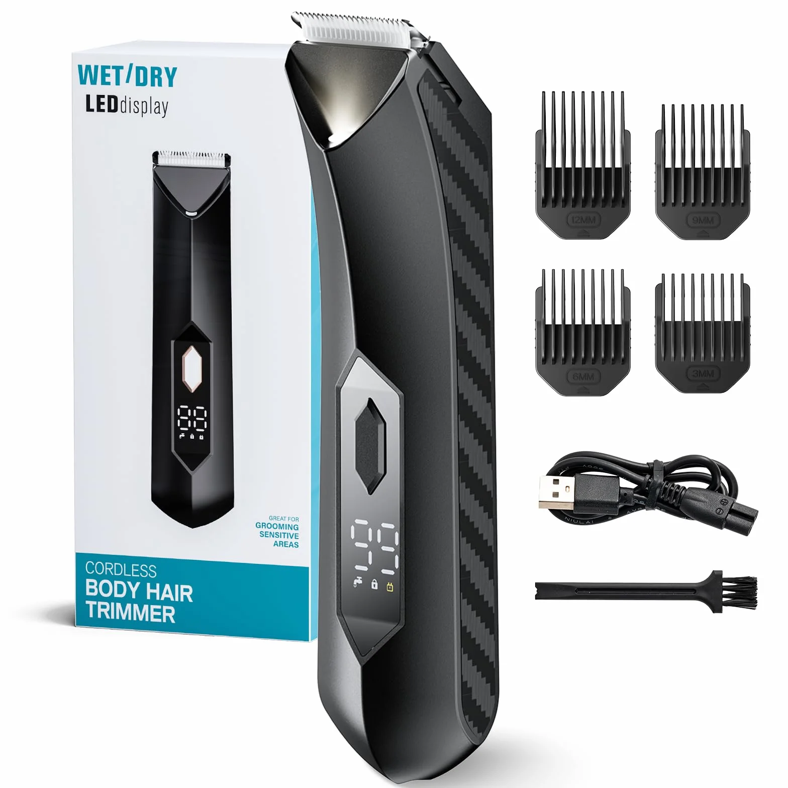 Trimmer per peli del corpo da uomo, rasoi elettrici ricaricabili impermeabile bagnato/asciutto, 4 pettini limitatori, lama ceramica