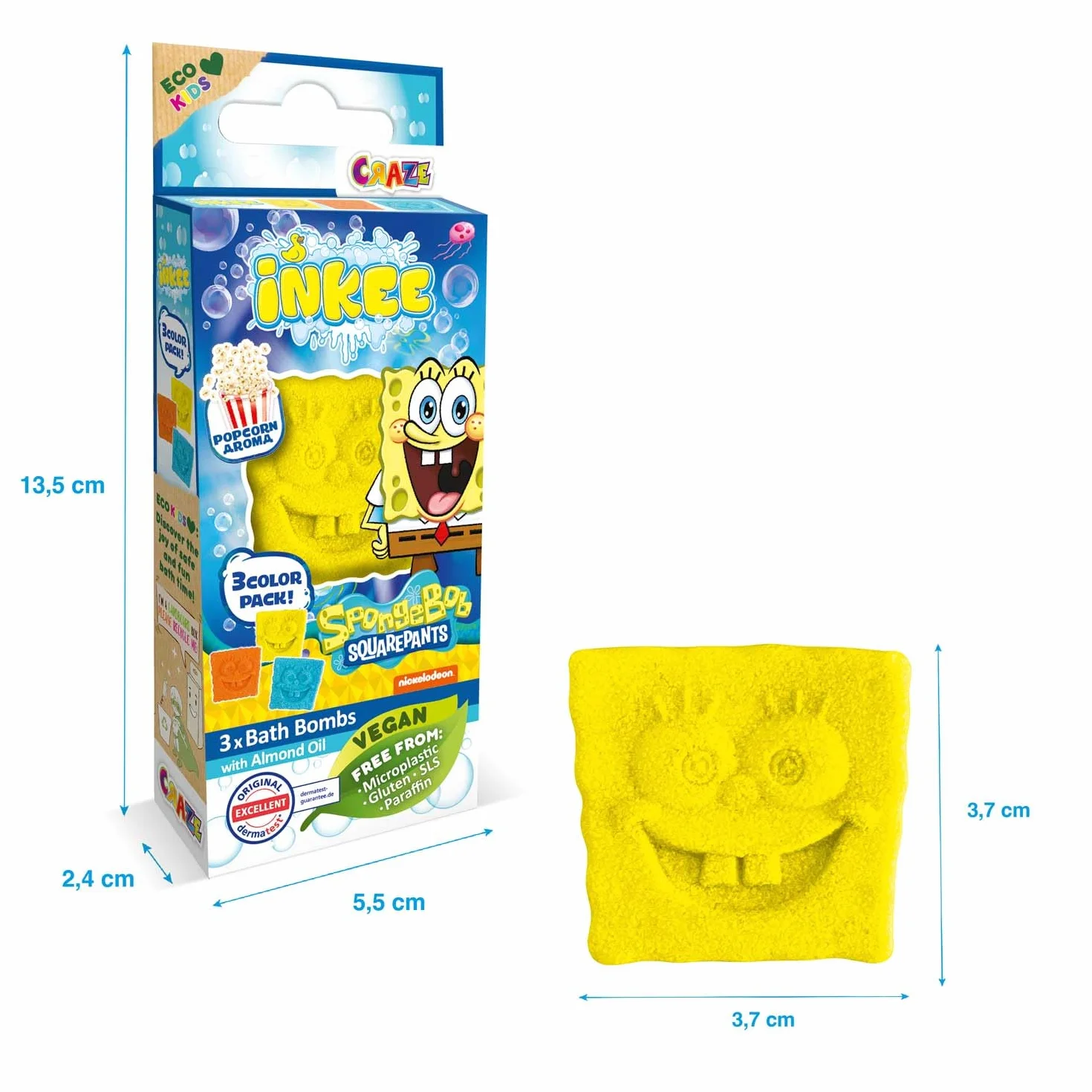 SpongeBob INKEE Mini Pack 10 set 3 bombe da bagno per bambini con forma personaggio aroma popcorn
